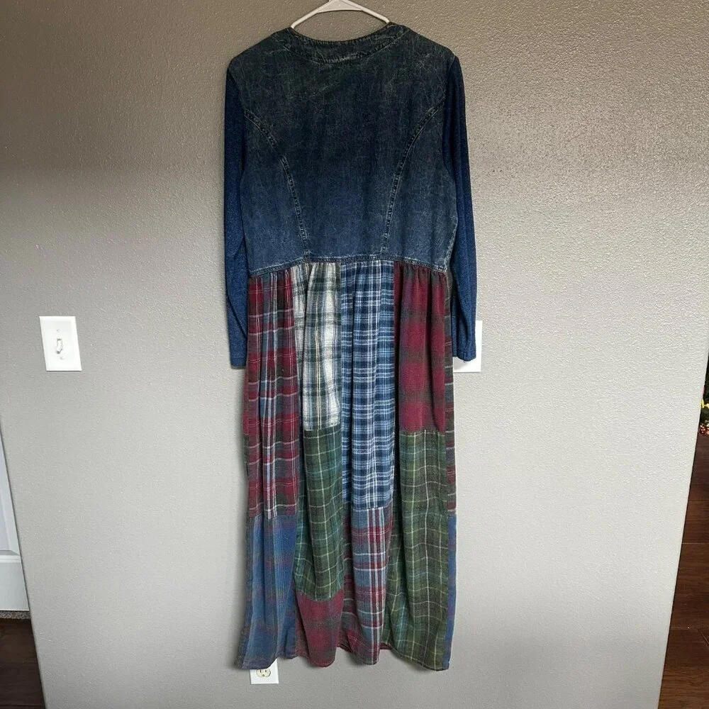 Vintage Denim & Plaid Patchwork Maxi Dress With Long Sleeves & Button Front - Picture 12 of 12